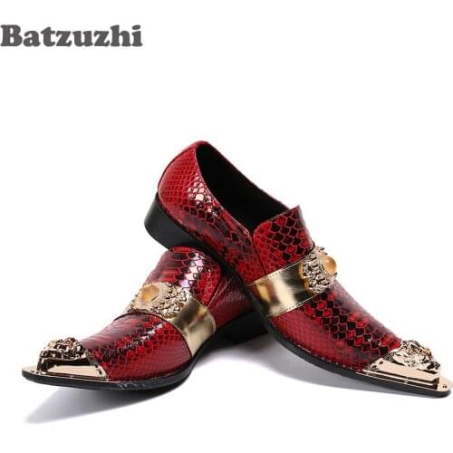Batzuzhi Genuine Leather Dress Shoes Men Luxury Handmade Mens Shoes Gold Metal Toe Red Party and Wedding Zapatos Hombre, US6-12