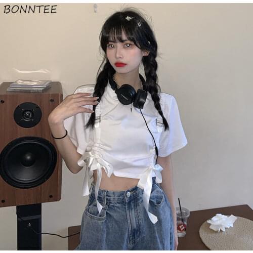 T-shirts Women New Shirring Korean Style Loose Navel Crop Top Sexy Ladies Cargo Students Trendy Harajuku Solid White Aesthetic