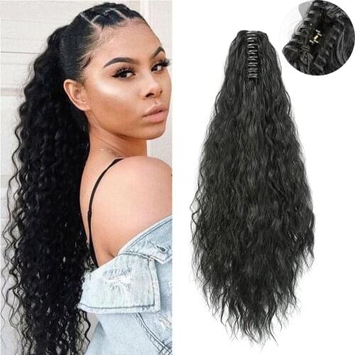 Azqueen 22 Inch Long Afro Kinky Curly Black Brown Ponytail Extension Synthetic Drawstring Corn Hair Piece for Beauty Women