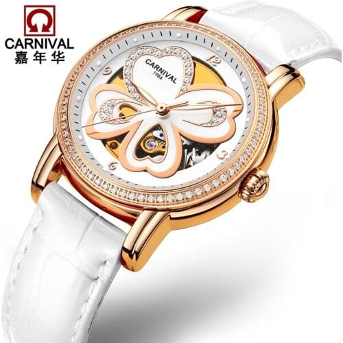 CARNIVAL Fashion Women Watches Leather High end Tourbillon Mechanical Watch Women Luminous Sapphire Waterproof Montre femme 2018