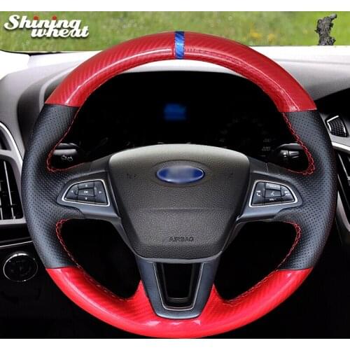 Red PU Carbon Fiber Leather Steering Wheel Cover for Ford Focus 3 2015-2018 Escape C-MAX Ecosport 2018-2019 Kuga 2016-2019
