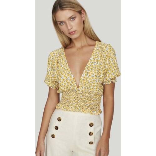 Summer Women European and American Style Floral Pattern Fashion Big V-Neck Waist Short Shirt Women Short-Sleeved Shirt