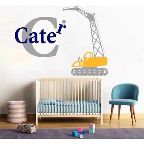 Cartoon Custom Name Construction Crane Wall Sticker Boy Kids Room Personalized Truck Crane Car Wall Decal Teen Vinyl Home Decor