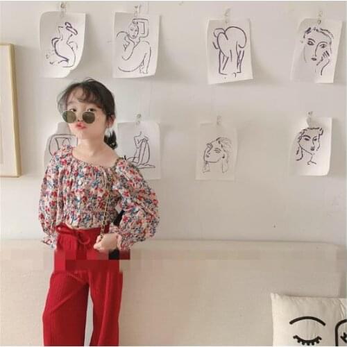 2021 New Spring Girls' Suit With Puff Sleeves Wrinkled Short Floral Top Wide Leg Pants