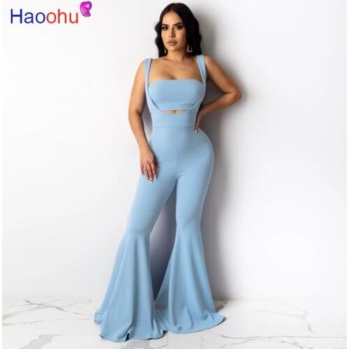HAOOHU Sexy 2 Piece Set Women New Summer Clother Off Shoulder Crop Top and Flare Pant Suit Two Piece Club Outfits Matching Sets