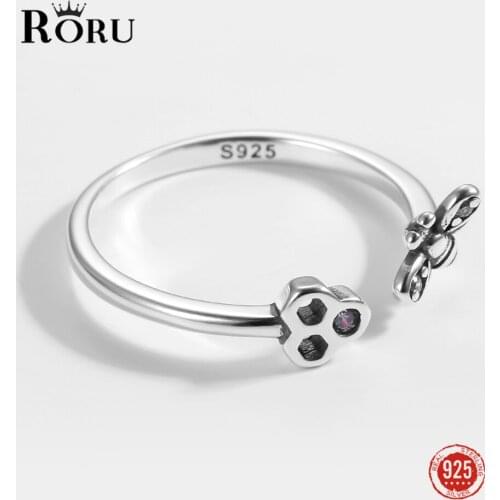Real 925 Sterling Silver Opening Ring Zircon Bee Cute Finger Ring for Women Stylish Oxidized Silver Rings Fine Jewelry