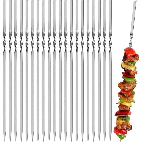 50 Pcs Stainless Steel BBQ Barbecue Skewers Flat Metal Skewers for Grilling Reusable BBQ Sticks with Portable Storage Bag