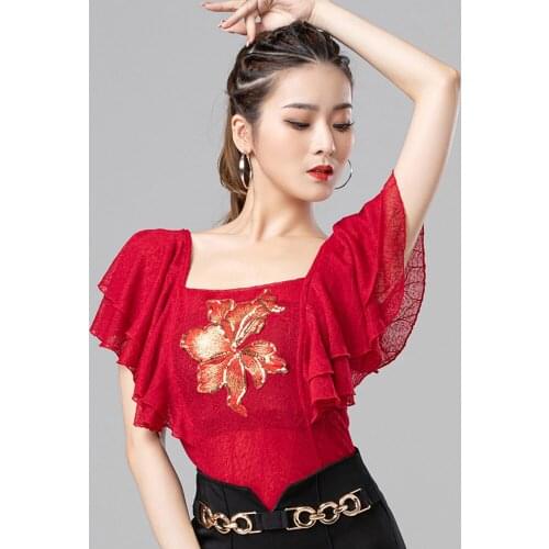 Women Summer Latin Dance Tops Lotus Sleeve Ballroom Practice Clothes Embroidery Patter Waltz Dancing Performance Costume VDB3692