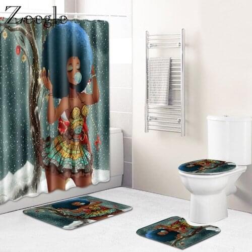 Zeegle Christmas Bathroom Decoration Mat Printed Creative Curtain Anti-slip Water Absorption Bath Floor Rug Dustproof Foot Rug