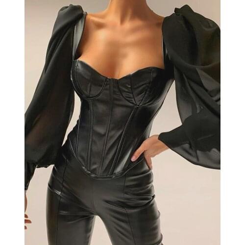 Women Faux Leather Patchwork Puff Sleeve Blouse Semi Sheer Long Sleeve PU Top