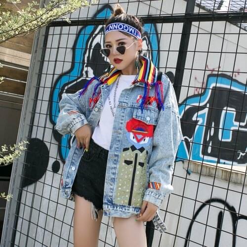 Autumn Fashion Denim Jacket Women Cartoon Sequin Stitching 2021 Personality Hip Hop Ripped Cardigan Denim Jacket Blue