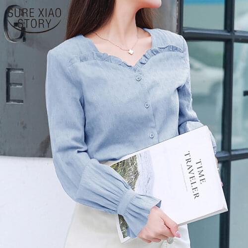 Women Blouse Cotton Shirt 2021 New Fashion Long Sleeve Ruffles V-neck Shirts Women Casual Sweet Clothes Solid Women Tops 11057