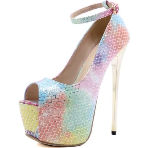 New High Heels Platform Shoes Rainbow Color PU Leather Women Pumps Super High Heels Open Toe Ankle Buckle Strap Sandals Ladies