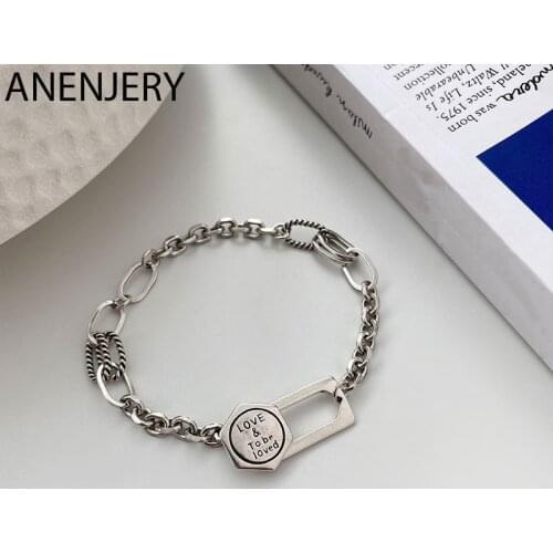 ANENJERY 925 Sterling Silver Geometric Letter Bracelet For Women Simple Temperament Niche Design Bracelet Korean Jewelry