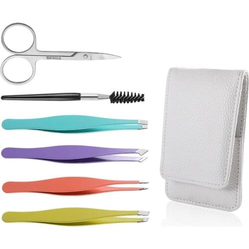 6 Piece Professional Stainless Steel Eyebrow Tweezers Set Hair Slant Tool Eyebrow Clip Stickers With Case Makeup Tool Set