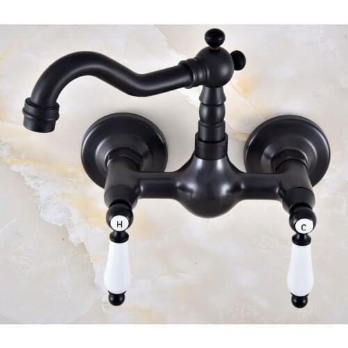 Black Oil Rubbed Bronze Bathroom Kitchen Sink Faucet Mixer Tap Swivel Spout Wall Mounted Two Handles mnf868