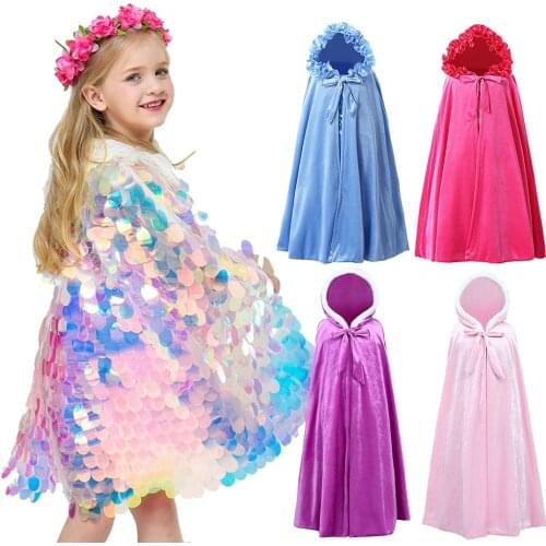 Children Party Accessories Princess Costume Clothes Girls Elsa Anna Hooded Cloak Rapunzel Aurora Cape Kids Belle Sequined Mantle