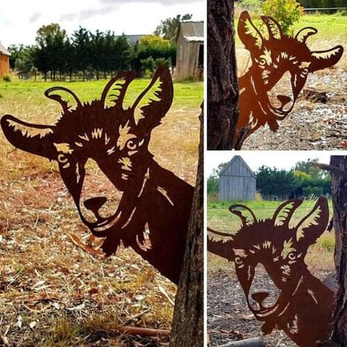 Farm Peeping Cow Ornament Garden Statues Patina Metal Art Goat Rooster Garden Peeker Animal Backyard Lawn Stakes