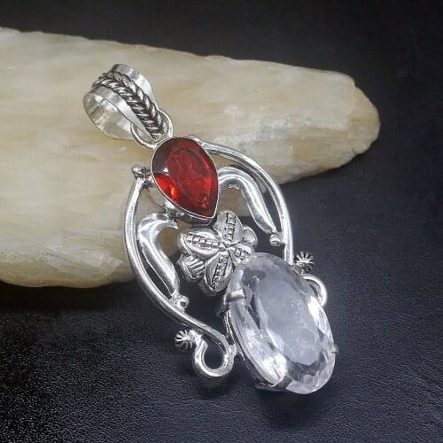 Gemstonefactory Jewelry Big Promotion 925 Silver Unique White Topaz Red Garnet Women Ladies Gifts Necklace Pendant 1233