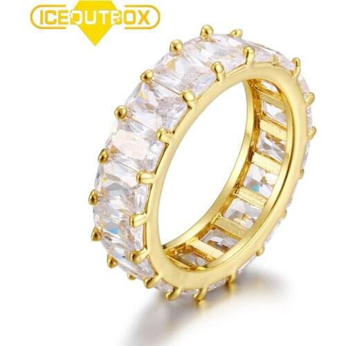 ICEOUTBOX 1 Row Solitaire Tennis Mens Ring Baguette Cubic Zircon Ring Copper Charm Gold Silver Color Fashion Hip Hop Jewelry