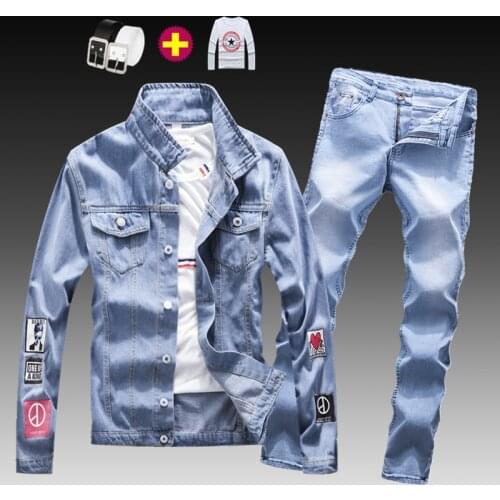 Fashion Mens Washed Denim Jacket Jeans Pants 2pcs Set Appliques Long Sleeve Coat Casual Slim Fit Boys Clothing S-XXXL Autumn N46