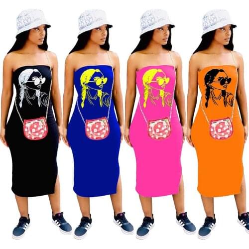 Fashion Summer New Sexy Off Shoulder Cute Girl Cartoon Print Slit Sleeveless Dress