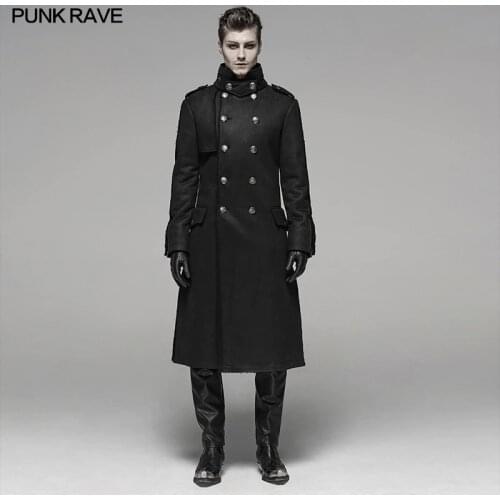 PUNK RAVE Mens Punk Military Style Handsome Warm Velvet Surface Medium Length Jacket Party Club Straight-tube Winter Coat