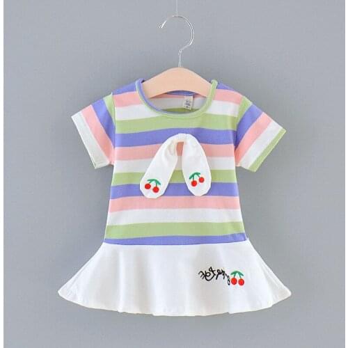 2020 New Summer Casual Soft Cotton Cute Infant Kids Baby Girl Solid Rabit Ear Cherry Rainbow Stripe Princess Party Dress Clothes