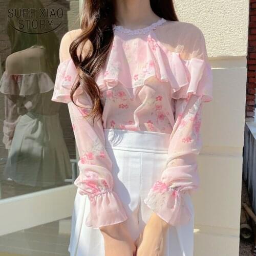 Autumn 2021 New Crushed Floral Chiffon Shirt Womens Long Sleeve Round-neck Off Shoulder Top Super Fairy Ruffle Blouse 15666