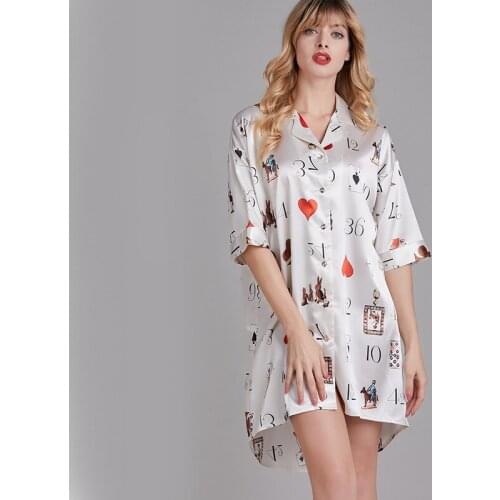 Pajamas Womens Summer Ice Silk Thin Sleeve Nightdress Womens Summer Shirt Collar Loose Home Service Sexy Nightwear Sleepwear