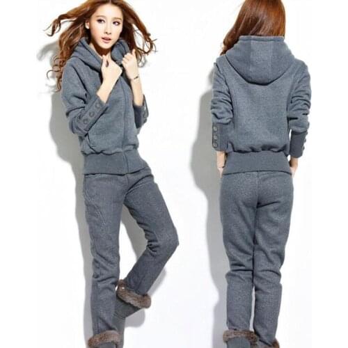 Sport Suit Women Warm Gray Tracksuits with Hood Sweater Two Piece Set Top and Pants Suit Female