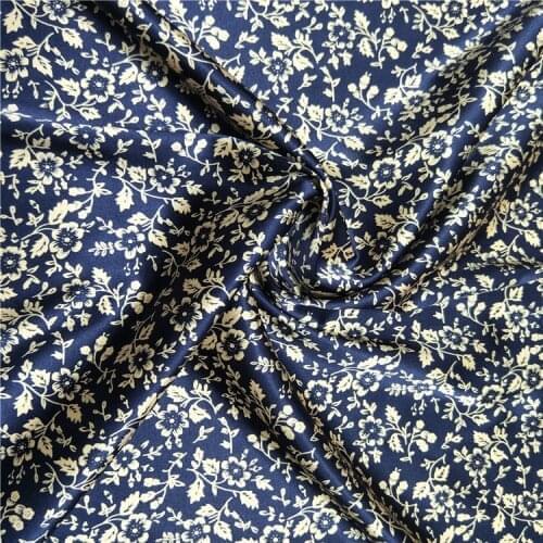 Navy Blue Small Floral Digital Printing Silk Stretch Satin Fabric Mulberry Silk Dress Cheongsam Silk Fabric