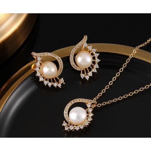 Pearl Necklace Natural Freshwater Pearl Sets For Women Stud Earrings Party Shell shape micro-set zircon Trendy Jewelry Gift