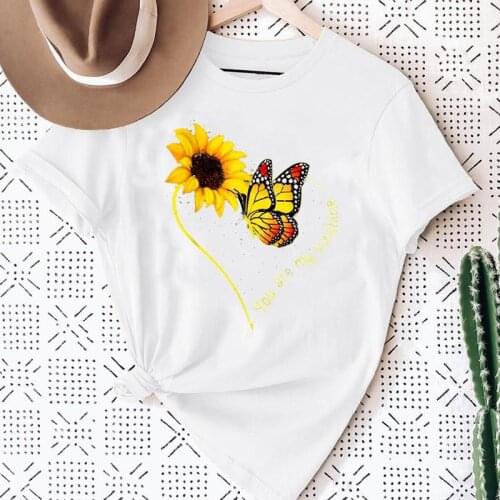 Women Flower Floral Butterfly Printing 90s Graphic Summer Fashion Print Short Sleeve Female Clothes Tops Tees Tshirt T-Shirt