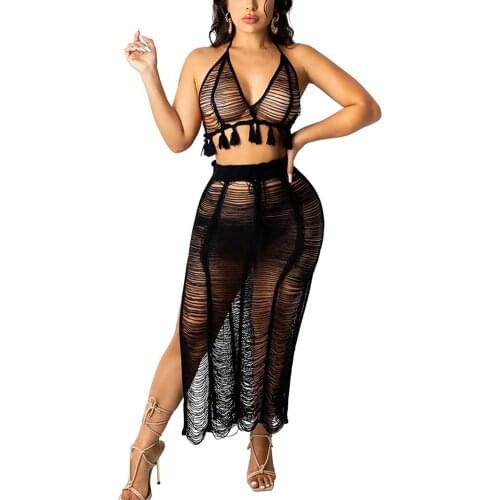 Womens Sexy Beach Swimsuit Mesh See Through Cover Up Split Maxi Skirt Two Piece Outfits Bathing Suit