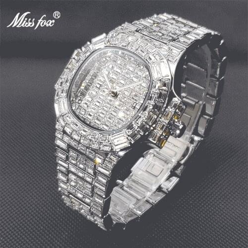 MISSFOX Hip Hop Iced Out Watch Square Bling Rectangle Diamond Watches For Men Luxury Designer Brand Famous Quartz Wristwatch New