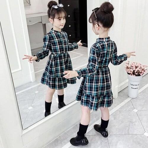 Children Dress 2019 spring Autumn plaid Girls Pattern Pocket Long-Sleeve Dress For 3-10Y teenage Clothes Kids Dress