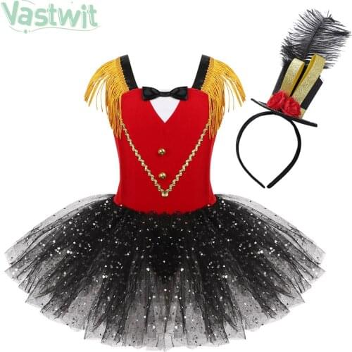 Kid Girl Circus Ringmaster Costumes Shiny Sequins Mesh Tulle Tutu Dress Top Hat Set Children Halloween Cosplay Carnival Dress Up