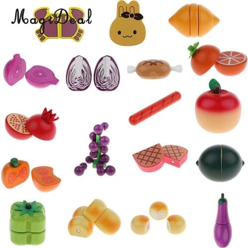 Miniature Simulation Wooden Magnet Connected Fruits Kitchen Food Cutting Kids Children Pretend Play Toy