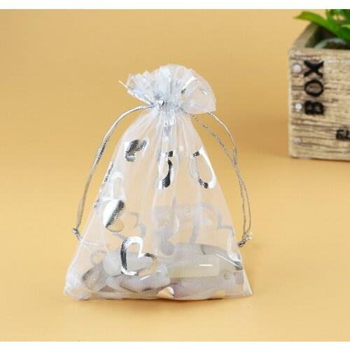 Fashion 100pcs/lot Classic 7x9cm White Heart Organza Pouches Small Gift Jewelry Tea Cosmetic Packaging Bags