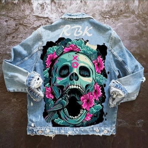 Autumn new style hot-selling personalized printing skull head washed and ripped single-breasted lapel denim jacket