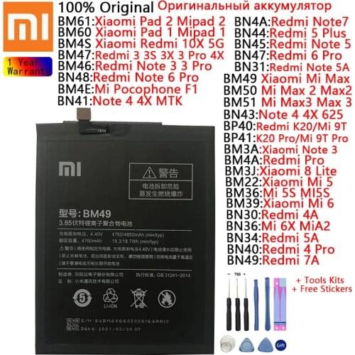 Original Battery For Xiaomi Redmi 3 3X 3Pro 4X 4 Pro 5A 5 Plus 6 Pro 6X MiA2 8 Lite 9T Pro Max 2 3 Pad 1 Mipad 2 Lite batteries