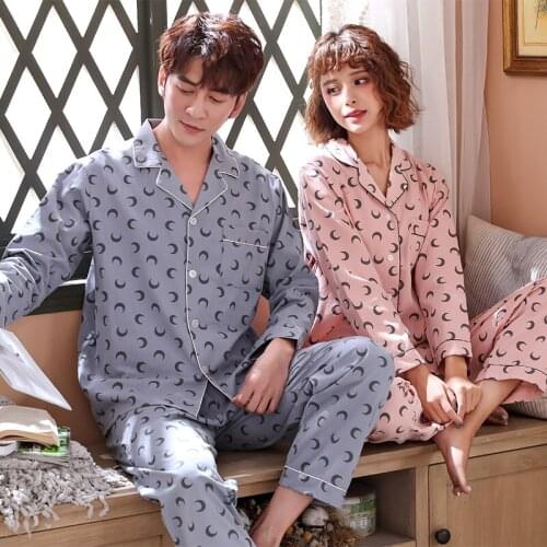 Couple pajamas home service cotton пижама long-sleeved spring and autumn female summer suit lapel gray yellow Sleepwear 2020