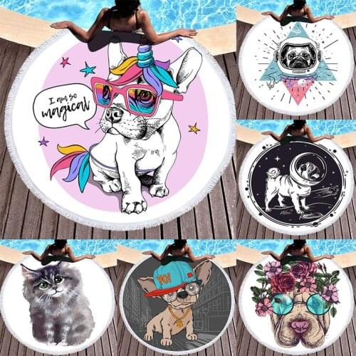 Bulldog Round Multicolor Beach Towels Summer Dog Cat Thick Bath Shower Towel 150cm Circle Beach Swim Yoga Mat Cover Up Serviette