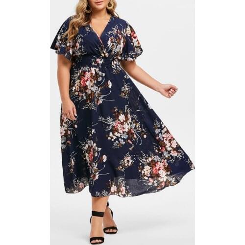 Plus Size Dresses Fashion Women Floral Printed Long Dress V-Neck Short Sleeve Casual Dress 2021 Plus size Women clothing платье