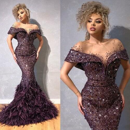 Luxury Feather Mermaid Prom Gowns 2020 Bling Bling Beaded Sequins Off Shoulder Cloth Party Dresses Mermaid Evening Dresses