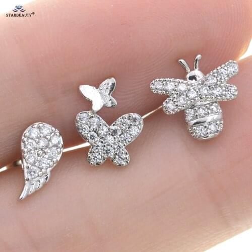 1.0x6mm 18G Cute Crystal Wing Butterfly Bee Auricle Piercing Stud Tragus Cartilage Earrings Zircon Helix Conch Piercing Jewelry