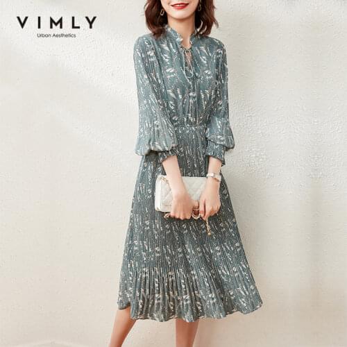 Vimly Spring Summer Dress For Women New Printed Bow Neck Full Sleeve Aline Pleated Chiffon Dress Offical Lady Women Dress F6316