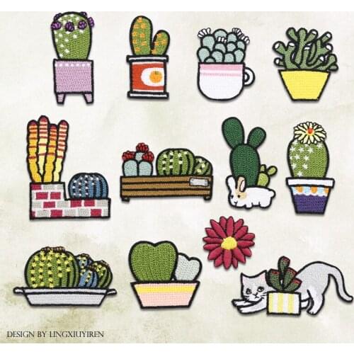 Embroidere Cactus with Cat Patches Cloth Stickers Iron On Patches DIY Socks Scarf Dress Pants Clothing Applique Accessories