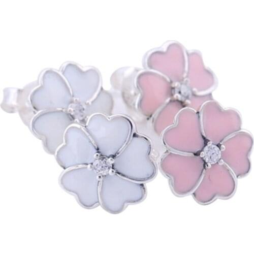 High Quality Famous Brand White&Pink Enamel Cherry Blossom Design 100% Guarantee S925 Sterling Silver Flower Earring Stud